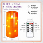 NURADA 3"x6"Flickering Flameless Candles: Built-in Star String Lights 3D Wick Battery Operated LED Pillar Candles with Remote and Timer for Halloween Thanksgiving Dinner Tables Home Fall Decor Orange