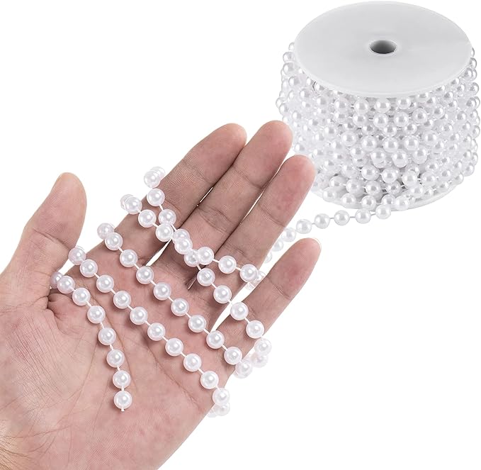 Craft String Pearls 8MM Pearl Bead, 33 Feet White Faux Pearl Garland Spool Roll Strand Wedding Party Decoration, Christmas Tree Decorations