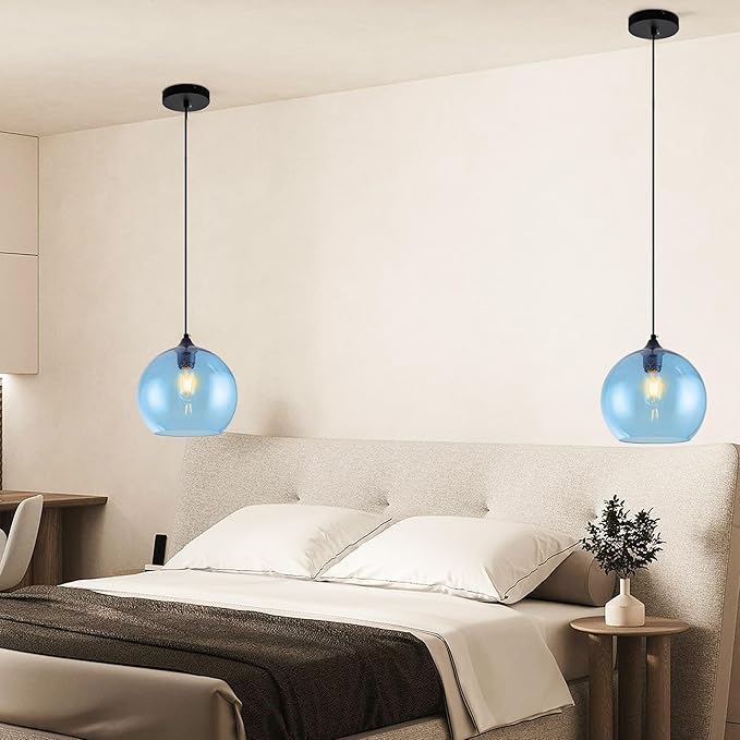 Blue Pendant Lights Kitchen Island Lighting Modern Globe Hand Blown Glass Pendant Light Ceiling Hanging Light fixtures for Kitchen Island Bedroom Living Dining Room Light Fixture,7.8in 2Pack