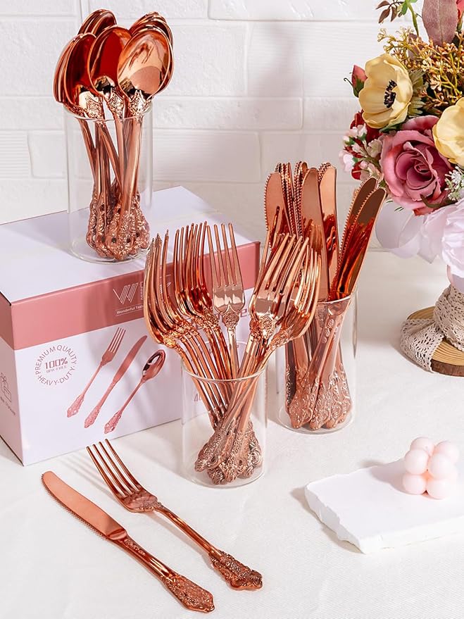 WDF 120Pieces Rose Gold Plastic Silverware - Heavy Duty Rose Gold Plastic Cutlery Set - Disposable Rose Gold Utensils - Rose Gold Flatware Includes 40 Forks, 40 Spoons, 40 Knives for Wedding