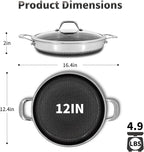 Hybrid Nonstick Skillet with Lid 12 Inch, Stainless Steel Paella Pan with Two Handles Multi-Functional Pan Dishwasher and Oven Safe