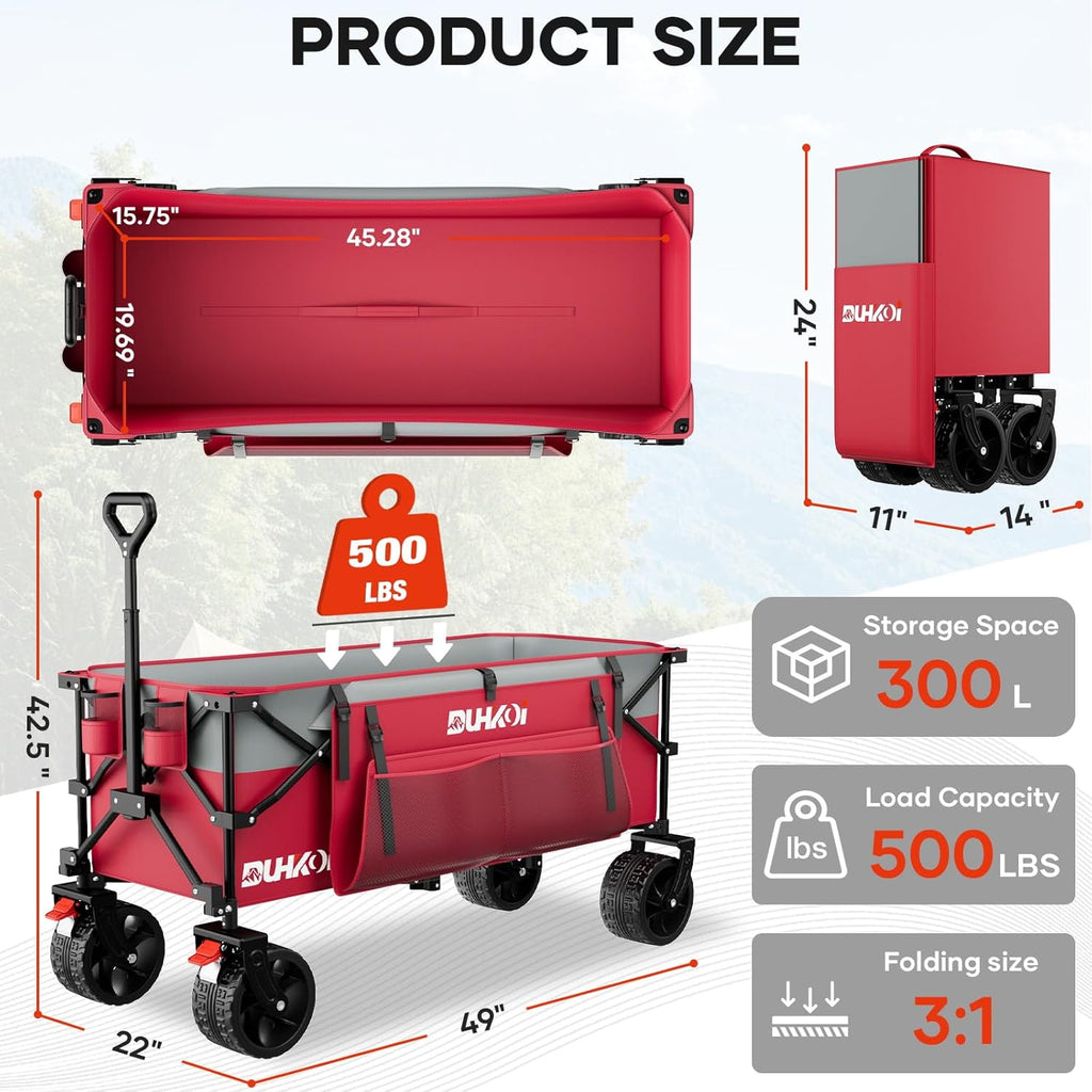 49" L Collapsible Foldable Extended Wagon with 500lbs Weight Capacity,300L Heavy Duty Beach Cart,Large Utility Wagon with Cup Holders,Cart for Sports,Outdoors,Grocery,Shopping (Rosepink)