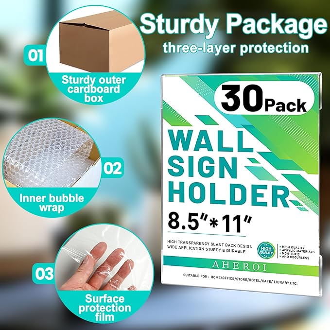 Aheroi 30Pcs Acrylic Sign Holder 8.5 x 11, Clear Wall Sign Holder 8.5 x 11 Wall Mount with 60 Tape, No Drilling Acrylic Wall Frame Paper Holder Document Holder for Office Home Restaurant