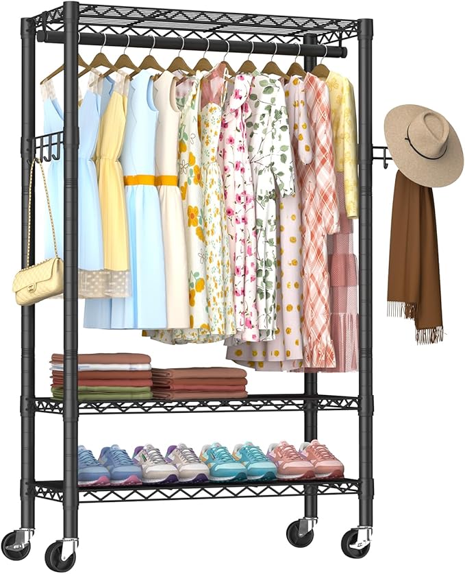 Heavy Duty Clothes Rack Rolling Garment Rack,3 Tier Adjustable Wire Shelving Clothing Racks for Hanging Clothes with Hanger Rod&Side Hooks,Freestanding Wardrobe Storage Rack Metal Portable Closet