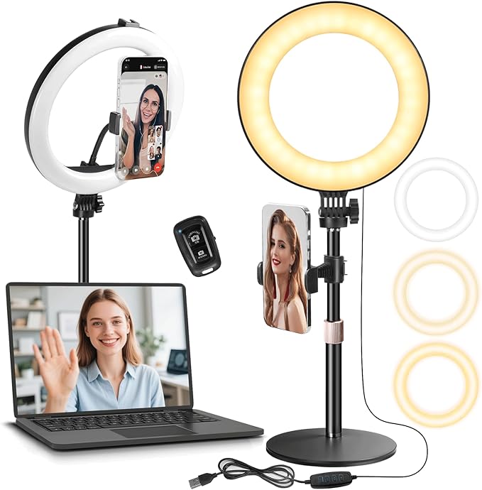 MACTREM 10“ Desk Ring Light with Stand, Desktop LED Circle Halo Light with Phone Holder for Computer Zoom Meeting, Laptop Light for Conference Video Calls, Live Streaming, Podcast, Selfie, Makeup