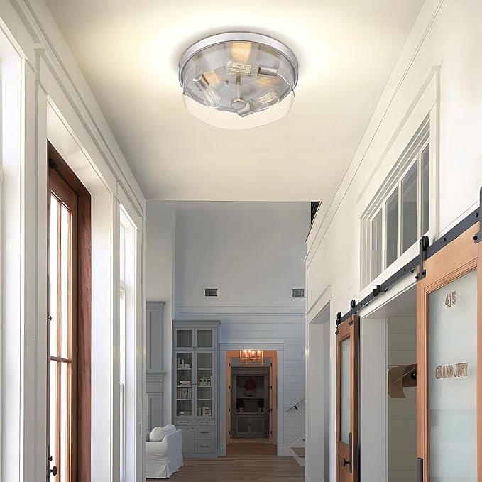 Brushed Nickel Flush Mount Ceiling Light, 3-Light Hallway Light Fixtures, Modern Farmhouse Farmhouse Ceiling Light Clear Glass for Kitchen Porch Entryway Indoor Outdoor