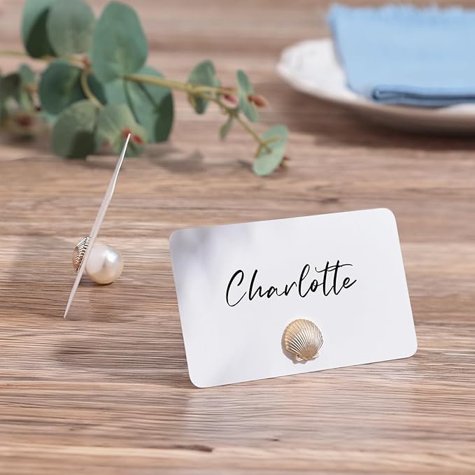UNIQOOO 24Pcs Decorative Gold Shell Place Card Holders Bulk, Scallop Name Card Stands Set, for Beach Wedding Decor Coastal Favors, Table Setting, Business Card, Name Tag, Party Food Labels