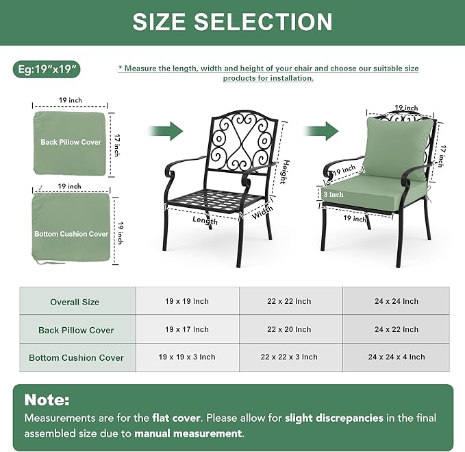 Summsun Waterproof Outdoor Patio Cushions with Removable Cover, Fade Resistant Back Pillow and Seat Cushion Set for Yard Porch Garden, 19 x 19 Inch, Sage Green, 1 Set