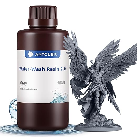 ANYCUBIC Water Washable 3D Printer Resin 2.0, 405nm High Precision 3D Resin, Low Shrinkage Photopolymer Resin for 4K/8K/12K Capable LCD DLP Resin 3D Printer Printing (Grey, 500g)