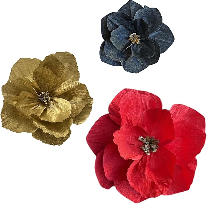 BRT Bearingshui Crepe Paper Flowers Decoration for Wall Total 9 Pcs, Artificial Flowers Backdrop for Wedding Decor Baby Bridal Shower Birthday Party, Red Gold Black 3D Wall Flowers Decor