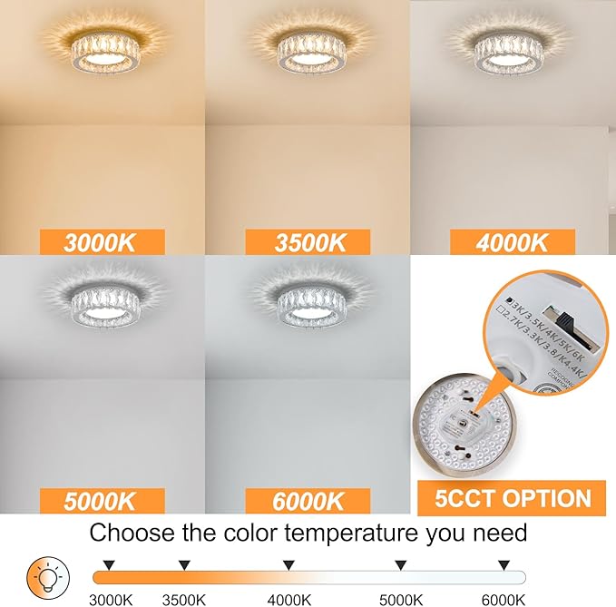 Dimmable Modern Luxury Crystal LED Flush Mount Ceiling Light,11 Inch 24W/5CCT 3000K-6000K Chrome Small Close to Ceiling Lighting Fixtures for Kitchen,Entryway,Laundry Room,Porch,Hallway
