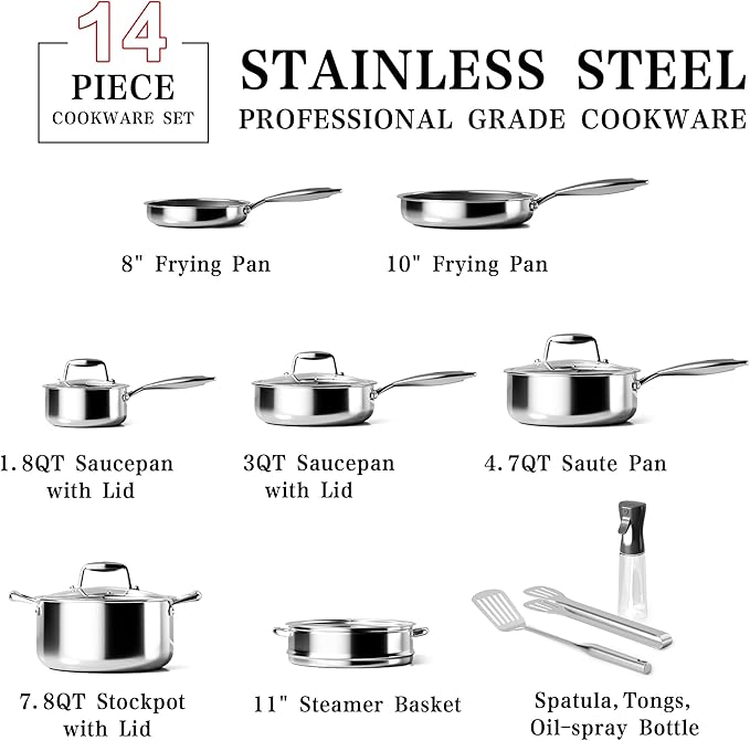 Stainless Steel Cookware Set - VONIKI Tri-ply Stainless Pots And Pans Set with Steamer Basket, Non Toxic Induction Cookware, Kitchen Cookware Sets PFOA & PTFE Free, Dishwasher and Oven Safe