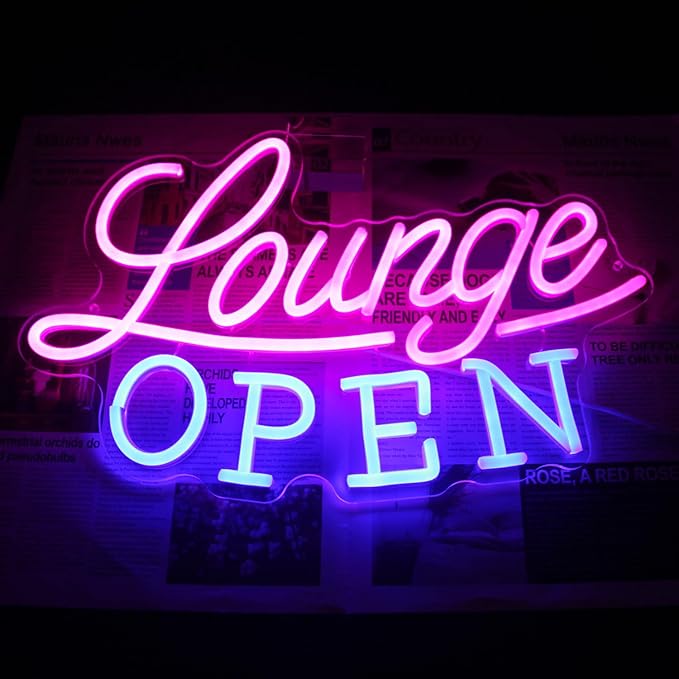 Lounge Open Neon Sign VIP Lounge Neon Light Pink Blue Letter LED Sign Dimmable Business Signs Light Up Signs for Bar Night Club Hotel Beauty Salon Decor