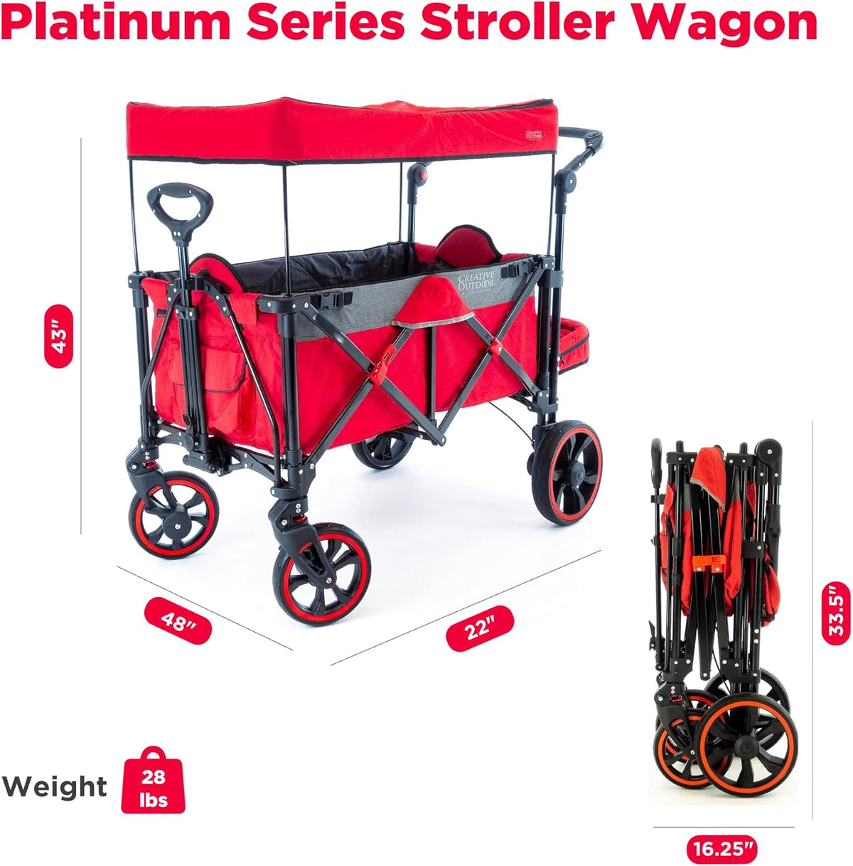 Creative Outdoor Push Pull All-Terrain Collapsible Folding Stroller Wagon for Kids, 150lbs Weight Capacity, Platinum Series, Beach, Park, Garden & Tailgate, (Red)