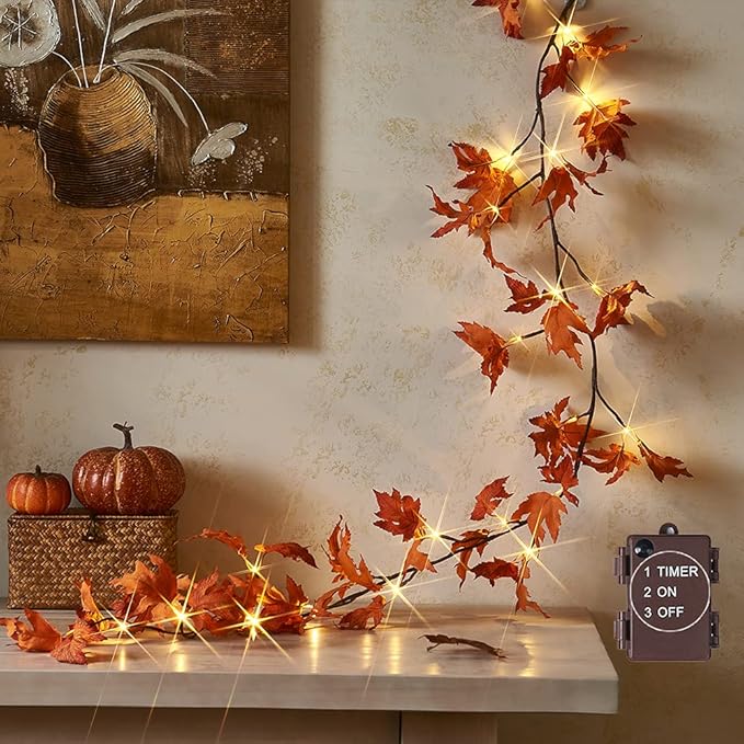 Hairui Lighted Maple Leaf Garland with Timer 6FT 24 Warm White LED, Fall Garland with Lights Battery Operated for Thanksgiving Harvest Christmas Wedding Decoration Indoor Outdoor