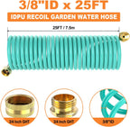GASHER 25FT PU Recoil Garden Water Hose with 3/4"Inch Brass Fittings Retractable, Swivel Female for Boating, Pool & Spa, RV, Home and Garden（Blue)