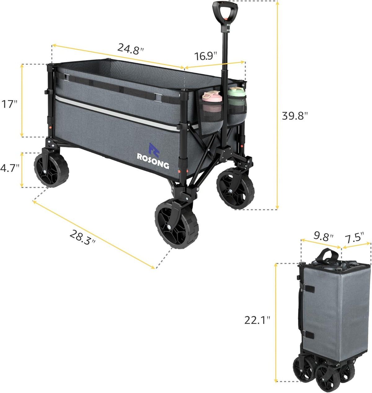Collapsible Wagon Cart with Wheels Foldable - Folding Utility Heavy Duty Wagons Carts for Grocery Sports Garden Shopping Camping Wheelbarrows (Gray, 120L)