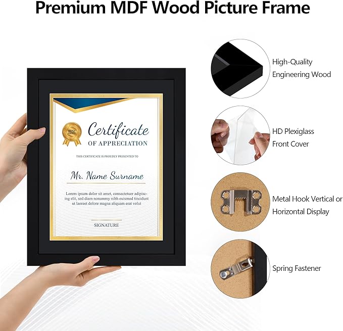 11x14 Picture Frame set of 6, Multi Certificate 8.5 by 11 Picture Frames with Mat Bulk, Document Diploma Award Frame for Wall Hanging or Tabletop Display, Black