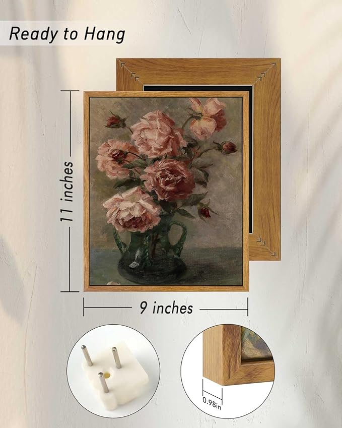 InSimSea Framed Wall Art for Living Room Flower Wall Art Home Decor Roses in Vase Vintage Paintings Canvas Prints Botanical Prints Mid Century Modern Decor Farmhouse Bedroom Wall Decor 9x11in