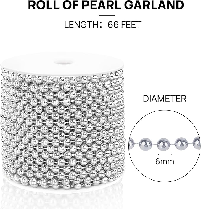 Craft String Pearls 6MM Pearl Bead, 66 Feet Silver Faux Pearl Garland Spool Roll Strand Wedding Party Decoration, Christmas Tree Decorations