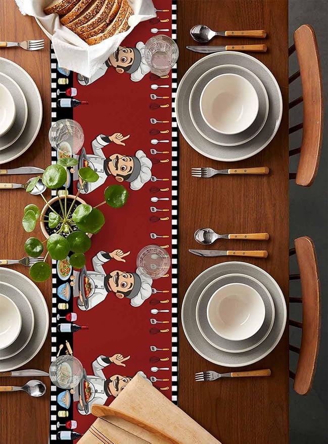 Red Chef Gourmet Cotton Linen Table Runner for Dining Kitchen, Wedding Outdoor Party Tablerunners Decoration, Black White Check Plaid Funny Kitchen Dresser Scarf Coffee Tablecloth Runners 13x90 Inches