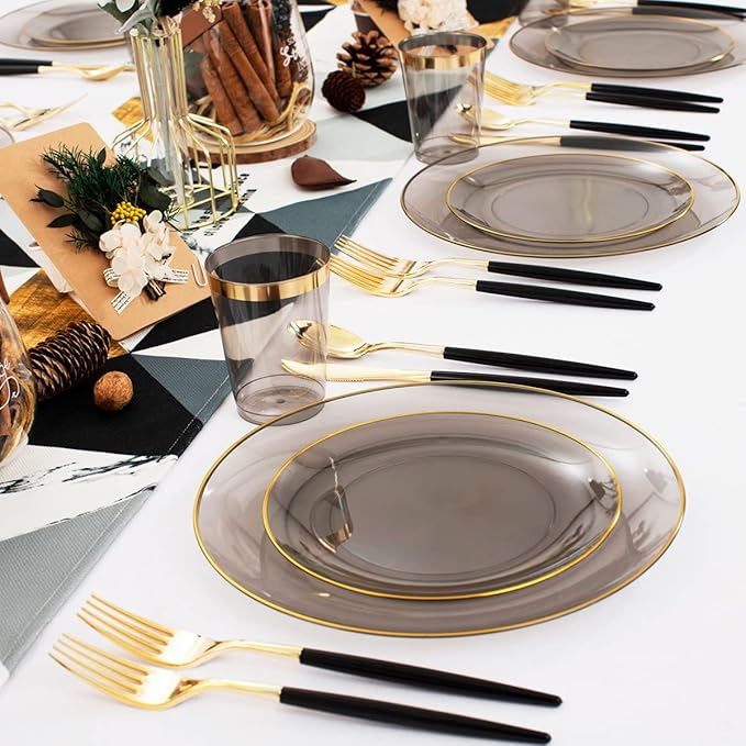 Supernal 180pcs Black Plastic Dinnerware Set Include Gold and Black Plates,Clear Disposable Plates,Gold Plastic Silverware，Clear Cups Suit for Party, Birthday