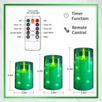 NURADA Flickering Flameless Candles: Built-in Star String Acrylic Battery Operated LED Pillar Candles with Remote and Timer for Home Party Weddings Christmas Halloween Decor -Green 3 Pack