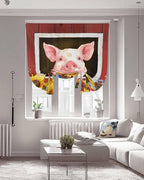 Tie Up Curtains for Windows, Pigs Sunflowers Adjustable Balloon Nature Linen Textured Kitchen Curtain, Farmhouse Red Barn Flowers Animals Room Darkening Curtains for Glass Door, 42 x 45 in