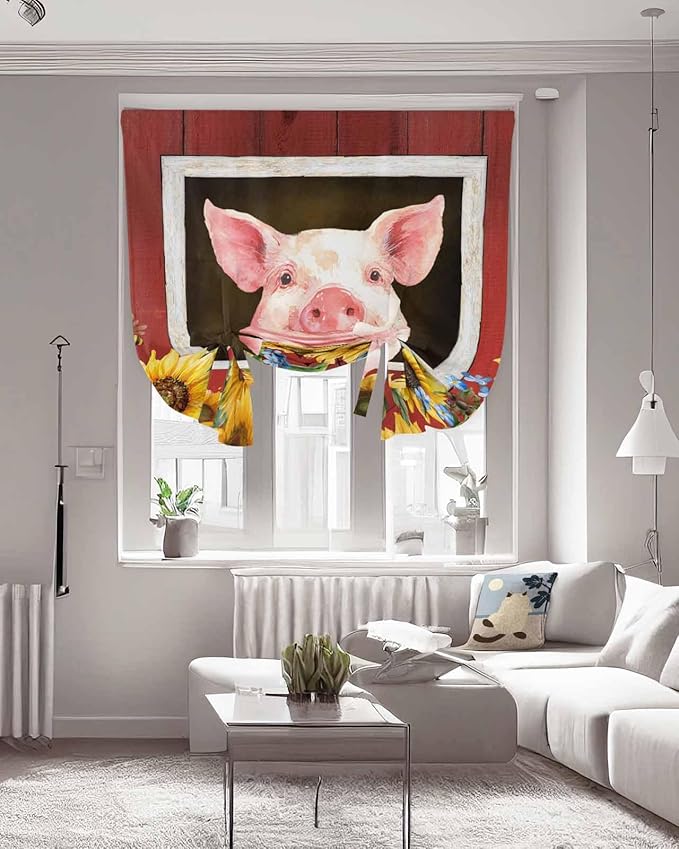 Tie Up Curtains for Windows, Pigs Sunflowers Adjustable Balloon Nature Linen Textured Kitchen Curtain, Farmhouse Red Barn Flowers Animals Room Darkening Curtains for Glass Door, 42 x 45 in