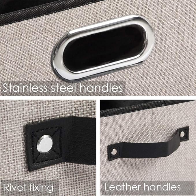 PRANDOM Fodable Storage Bins for Closet [3-Pack] Decorative Fabric Storage Baskets Cubes with Leather/Metal Handles for Shelves Bedroom Living Room Light Grey (11.5x8.5x6.7 Inch)
