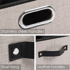 PRANDOM Fodable Storage Bins for Closet [3-Pack] Decorative Fabric Storage Baskets Cubes with Leather/Metal Handles for Shelves Bedroom Living Room Light Grey (11.5x8.5x6.7 Inch)