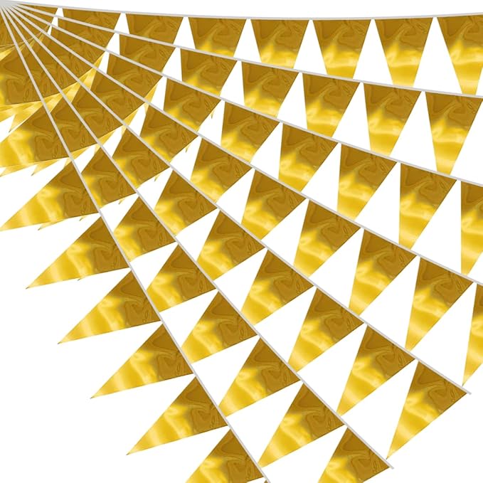 40M/130FT Gold Triangle Pennant Banner Flag Metallic Fabric Bunting Garland for Christmas Graduation Wedding Engagement Anniversary Bachelorette Birthday Bridal Shower Valentines Hen Party Supplies