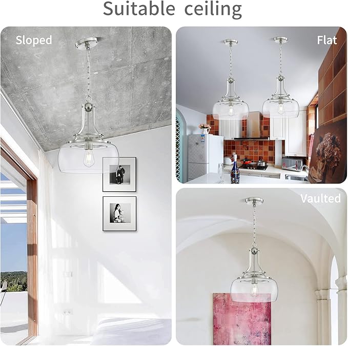 WUZUPS Chandelier Rustic Farmhouse Industrial Round Ceiling Pendant LED Light Fixture with Clear Glass Shades for Dining Room Kitchen Island Foyer Entryway, H 17" x W 13.4", E26 Base, Brushed Nickel