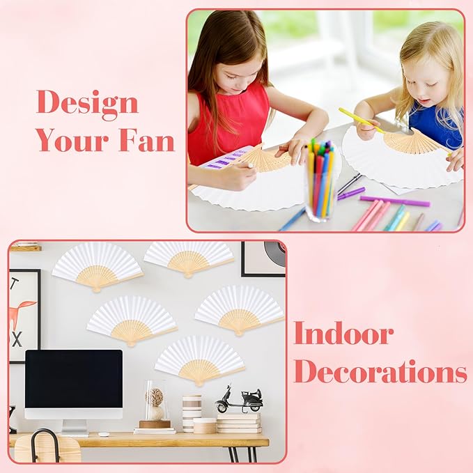 12 Pieces White Hand Held Bamboo Folding Fans Paper Fans Handheld for Women Foldable Girls Wedding Decoration Church Home Party Favors Summer