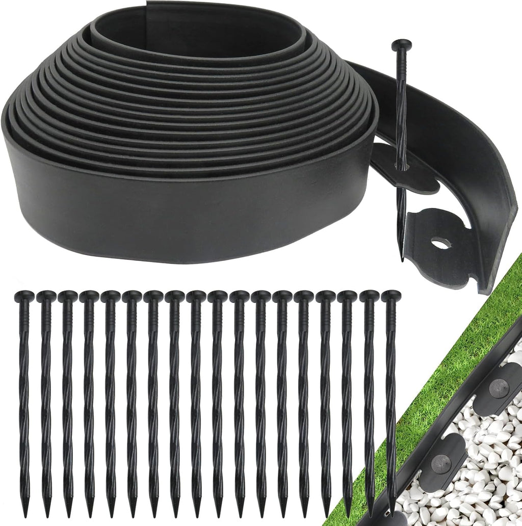 Landscape Edging Border, Plastic Edging for Landscaping, Garden Edging Border,Lawn Edging no dig,Garden Borders,Flower Bed Edging,Rubberific Landscape Edging, (Plastic Stakes, Black-66feet)