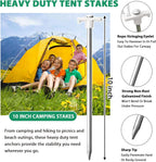Eurmax USA Galvanized Non-Rust Camping Family Tent Pop Up Tent Stakes Canopy Anchors Heavy Duty 10pc-Pack, with 4x10ft Ropes & 1 White Stopper