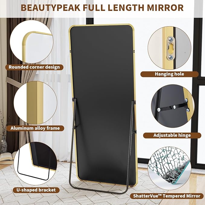BEAUTYPEAK Gold Full Length Mirror, 56"x21" Rounded Corner Floor Mirror Standing Hanging or Leaning Against Wall, Suitable for Bedroom or Dressing Room