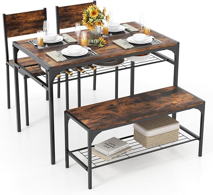 Tangkula Dining Table Set for 4, Kitchen Table and 2 Chairs for 4 with Bench, Additonal Storage Rack, 4 Piece Dining Table Set for Small Space, Apartment