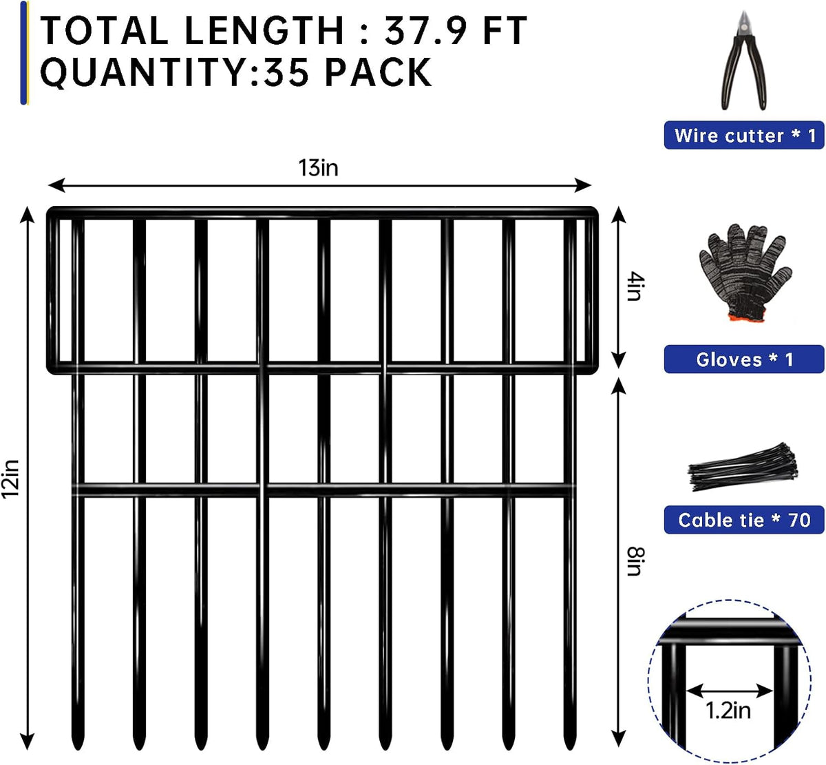 35 Panels Garden Fence Animal Barrier, 38 Ft(L) X 13 in(H) No Dig Fence for Dogs, Upgrade 1.2in Gap Garden Border Ground Defense, Rustproof Metal Outdoor Wire Fencing for Dogs, Rabbits