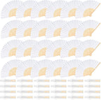 24 Pieces White Hand Held Bamboo Folding Fans Paper Fans Handheld for Women Foldable Girls Wedding Decoration Church Home Party Favors Summer