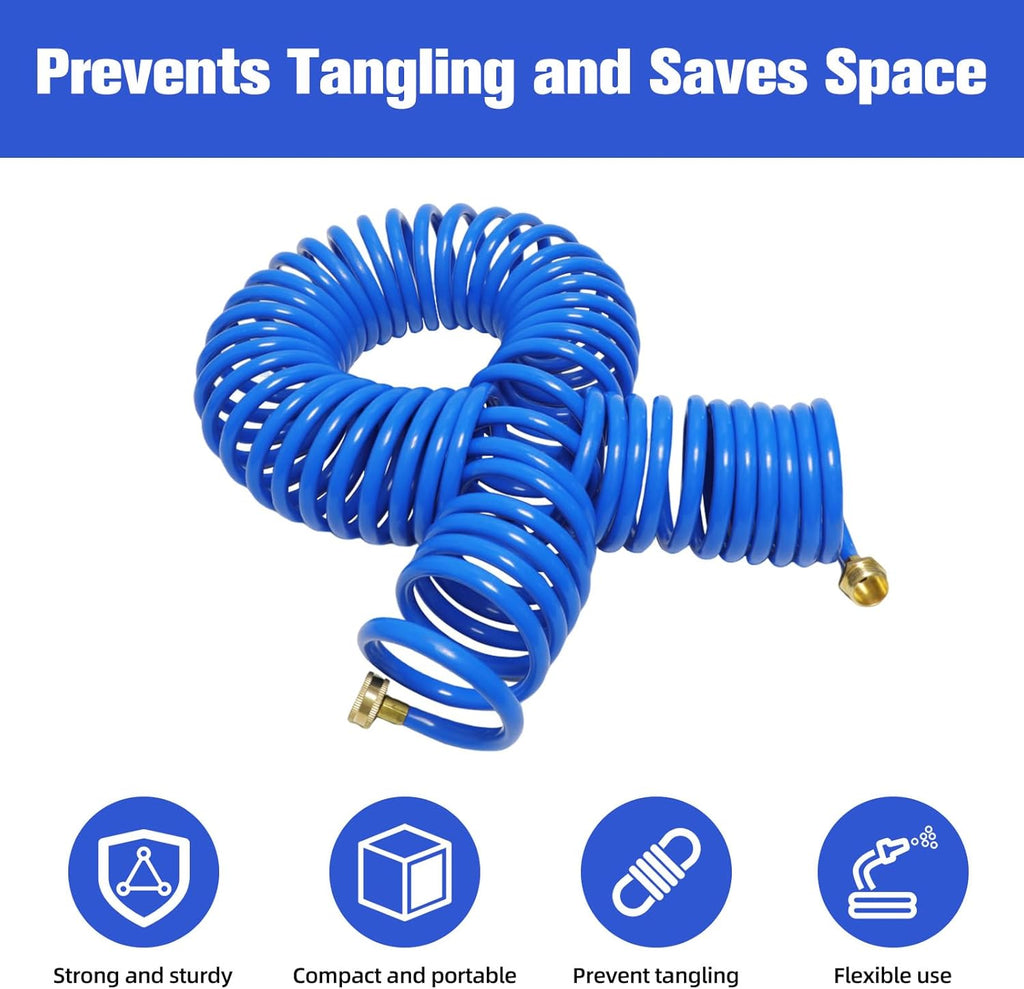 Coil Hose,3/8" EVA Coil Garden Hose 25 FT,Curly Water Hose Lightweight with Brass Connectors,Recoil Garden Hose Includes 8-Pattern Spray Nozzle for Boat, Yard, Patio, Green
