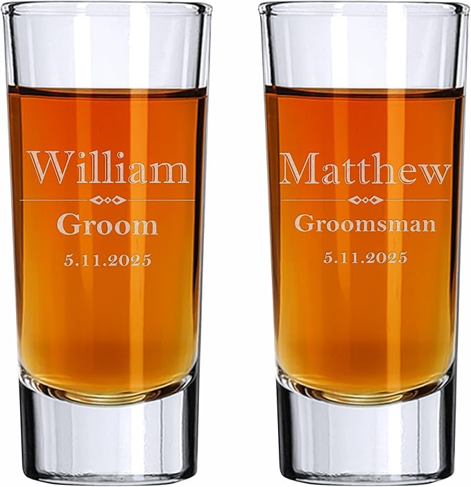 Custom Engraved Shot Glass – 2oz Tall Clear Glass – Personalized Gift for Wedding Party – Classic Etched Barware Keepsake for Groomsmen, Bridesmaids, and More (2)