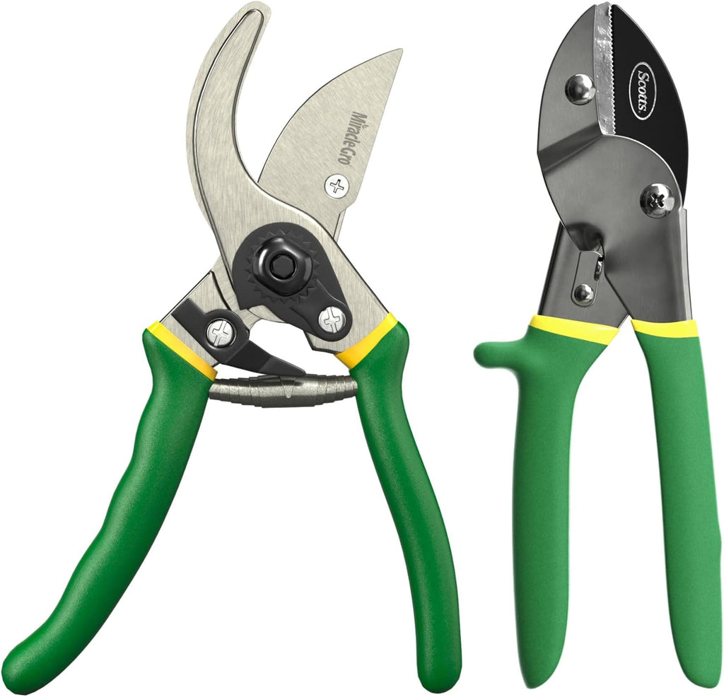 Miracle-Gro 2-Piece Pruning Shears Set – Includes 8 in. Bypass Pruner for Live Plants and 8 in. Anvil Pruner for Dry Stems – Sharp Carbon Steel Blades and Comfort Grip Handles for Garden and Yard Use