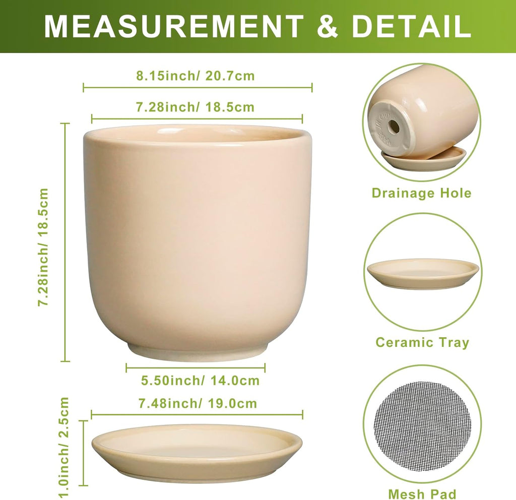 Ceramic Planter - Round Modern 8 Inch Plant Pot with Drainage Hole and Saucer for Flowers Herb, Home House Office Room Apartment Decor, Yellow