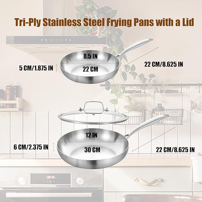 LOLYKITCH 8-12 Inch Tri-ply Stainless Steel Frying Pans Set with a Lid,Skillets,Induction Cooking Pans,Dishwasher and Oven Safe,Riveted Handle
