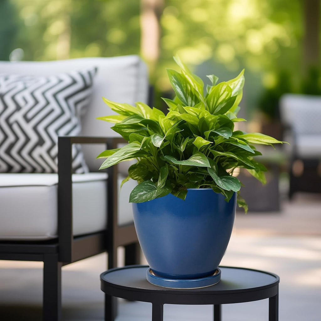 Ceramic Plant Pot - 8 Inch Planter for Indoor Outdoor Plants, Round Flower Pots with Drainage and Tray, Home Office Decor, Blue