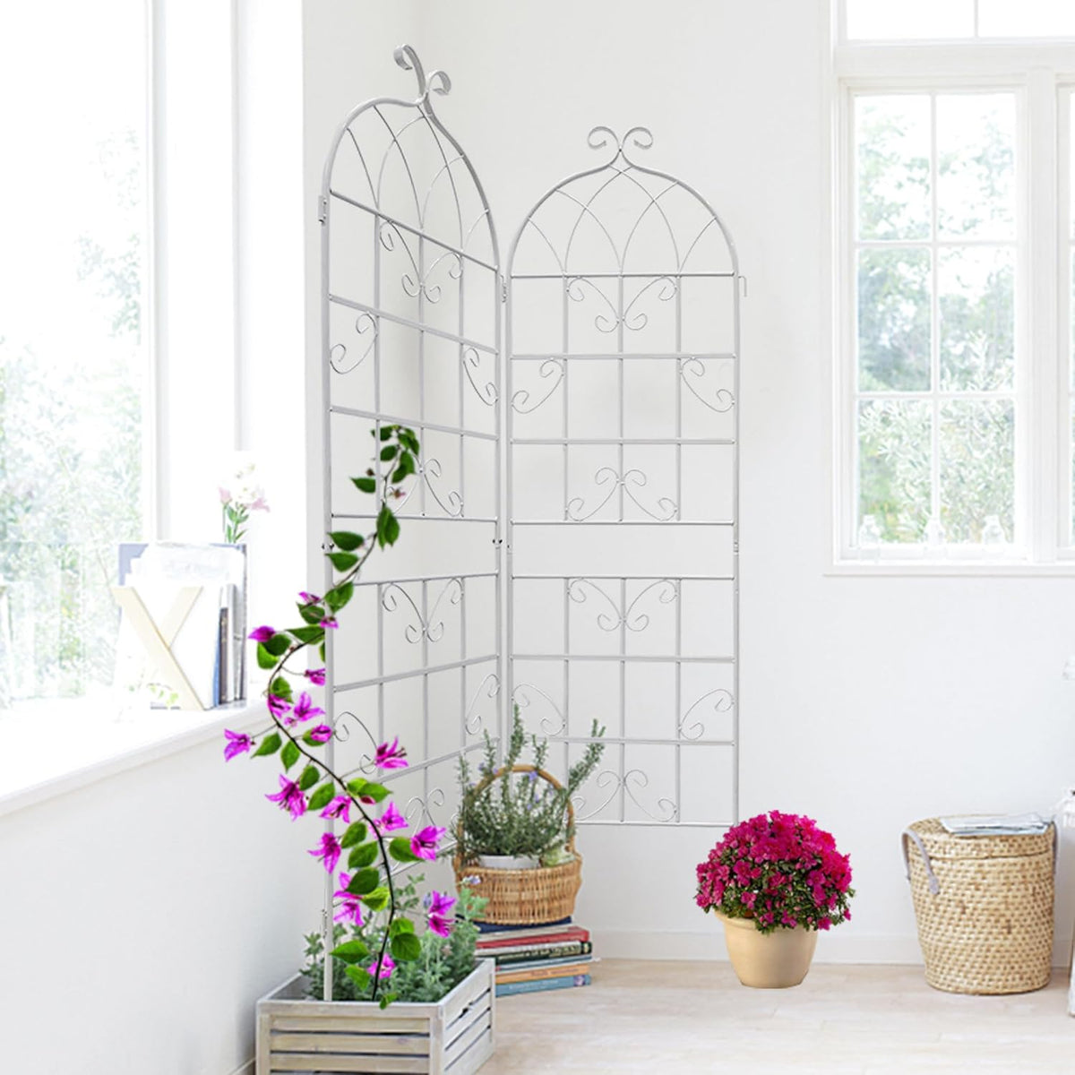Metal Garden Trellis Rustproof Trellis for Climbing Plants Outdoor Flower Support Butterfly Deco (Cream White-2 Pack, 71"x19.7")