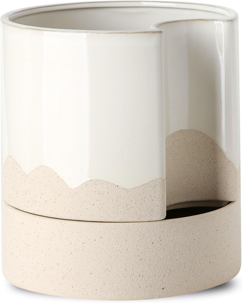 Nihow Self Watering Plant Pot: 8 Inch Ceramic Planter with Drainage Hole & Water Storage Plus for Indoor & Outdoor Plants - Cylinder Round Flower Pot for Succulent/Herbs/Violets - White & Wave Nature