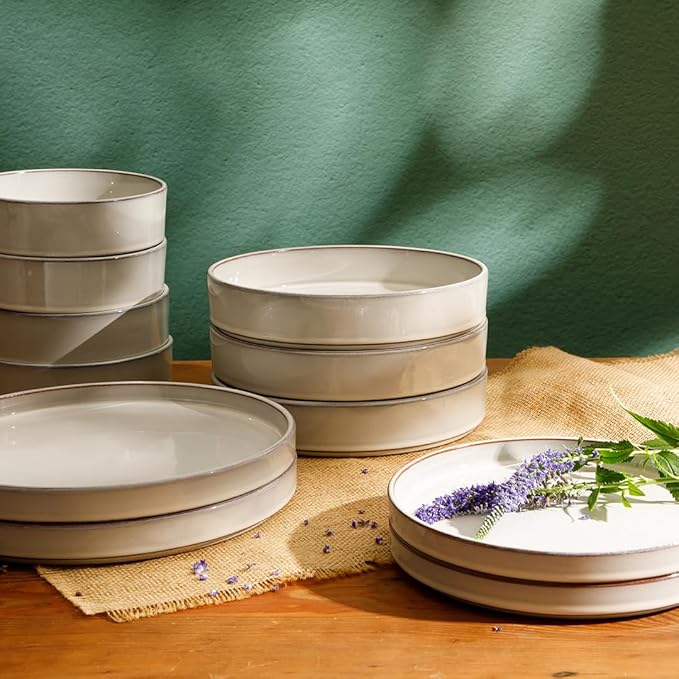 Bloomhouse - Oprah's Favorite Things - Santorini Mist Double Bowl Terracotta Reactive Glaze Plates and Bowls Dinnerware Set - Moonstone White, Service for Four (16pcs)