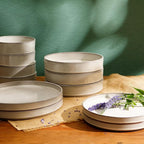 Bloomhouse - Oprah's Favorite Things - Santorini Mist Double Bowl Terracotta Reactive Glaze Plates and Bowls Dinnerware Set - Moonstone White, Service for Four (16pcs)